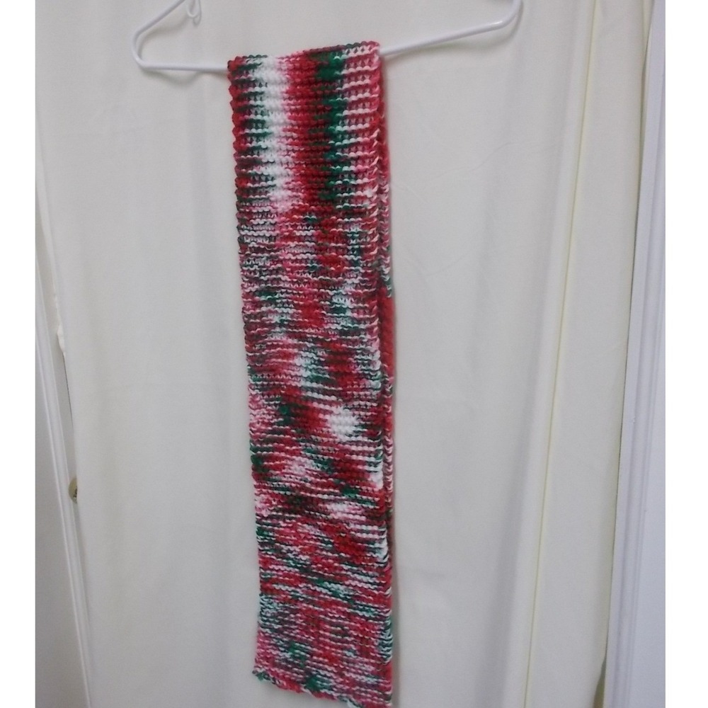 Handmade Knit Scarf Red Green White Variegated Holiday Christmas Winter Scarf